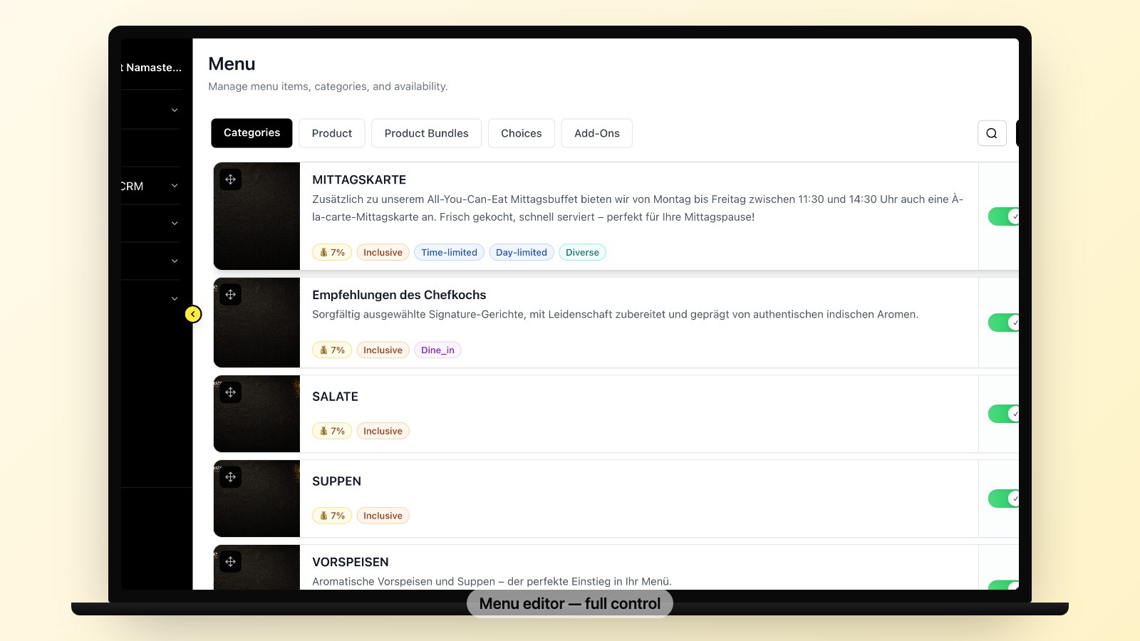 Menu setup — drag, edit, publish to your branded site.