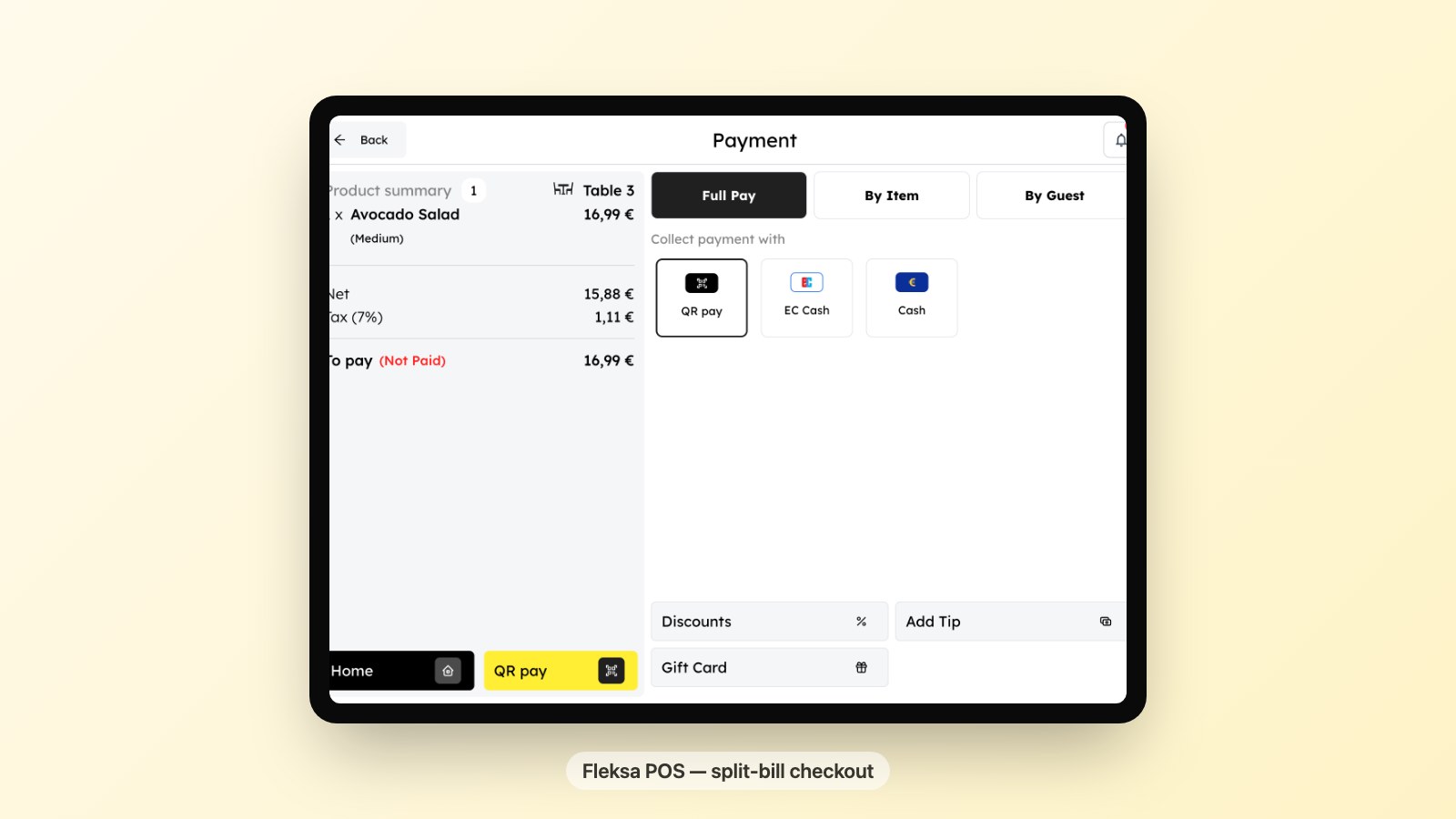 Payments + split-bill — most free widgets don't ship this.