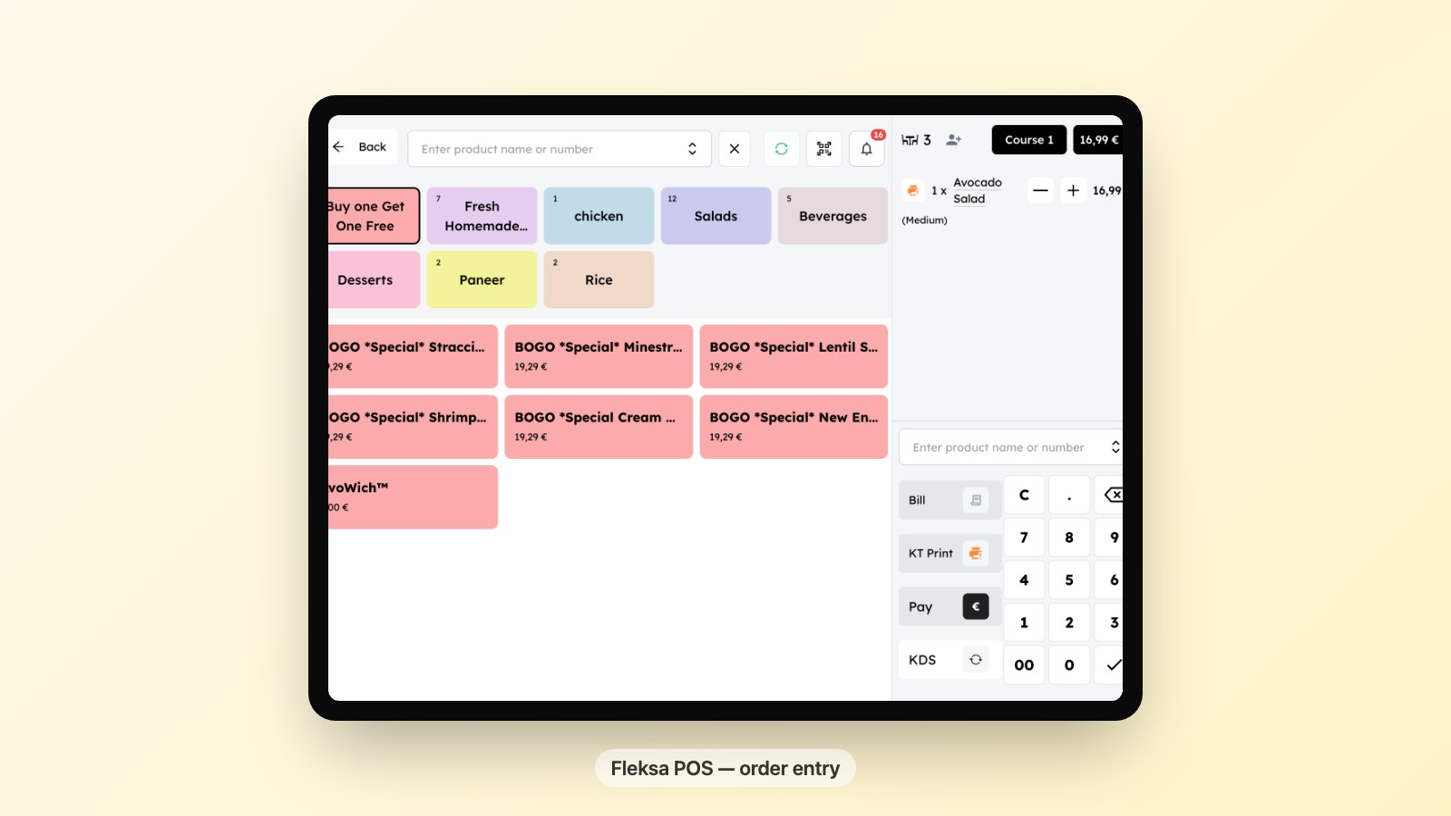 Order entry with categories, modifiers, and a live cart.