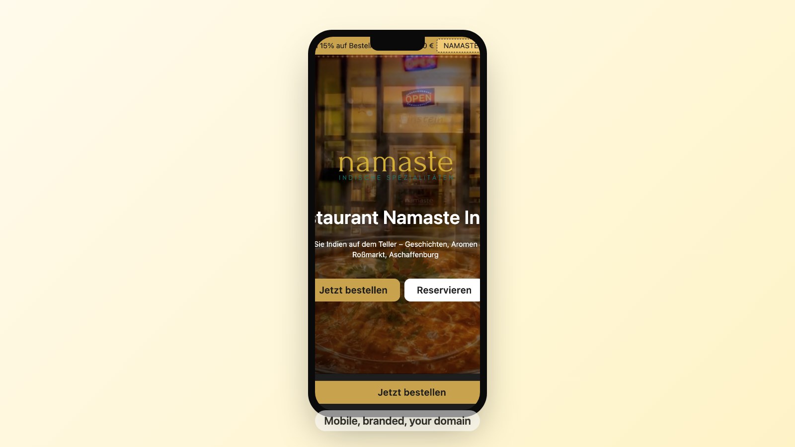 Namaste restaurant website displayed on a mobile phone